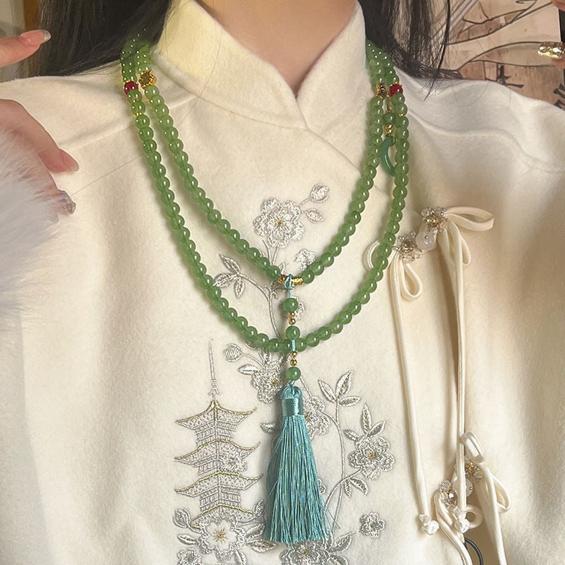108 Cinnabar Beaded Long Crossbody Chain New Chinese Style National Style Necklace Antique Cheongsam Niche Woolen Chain