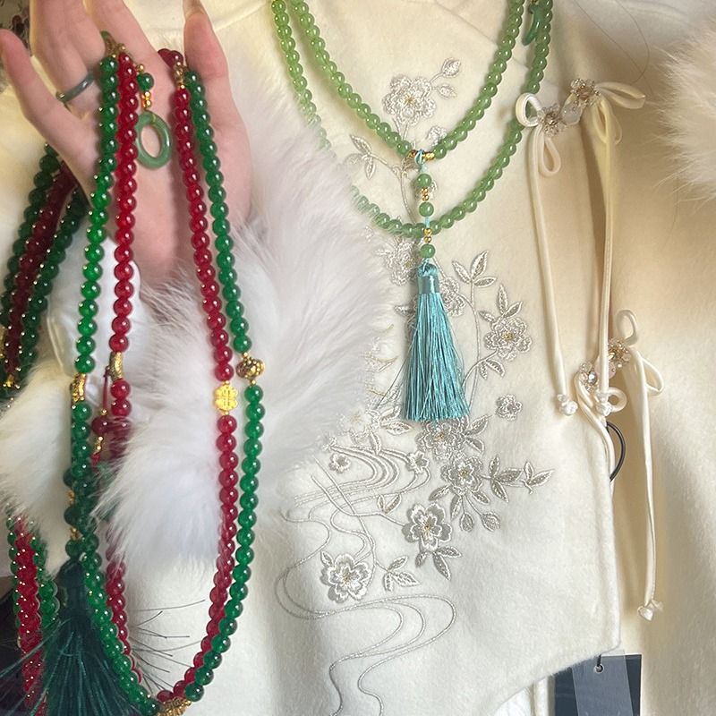 108 Cinnabar Beaded Long Crossbody Chain New Chinese Style National Style Necklace Antique Cheongsam Niche Woolen Chain