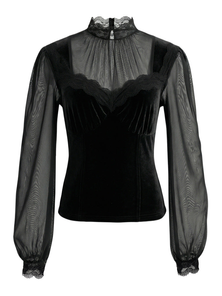 Elegant Mesh Patchwork Hollow-Out Bell Sleeve Tie-Waist Top