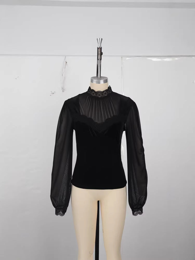 Elegant Mesh Patchwork Hollow-Out Bell Sleeve Tie-Waist Top