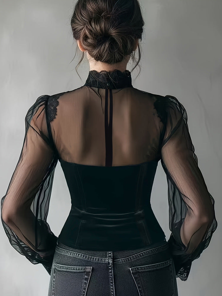 Elegant Mesh Patchwork Hollow-Out Bell Sleeve Tie-Waist Top