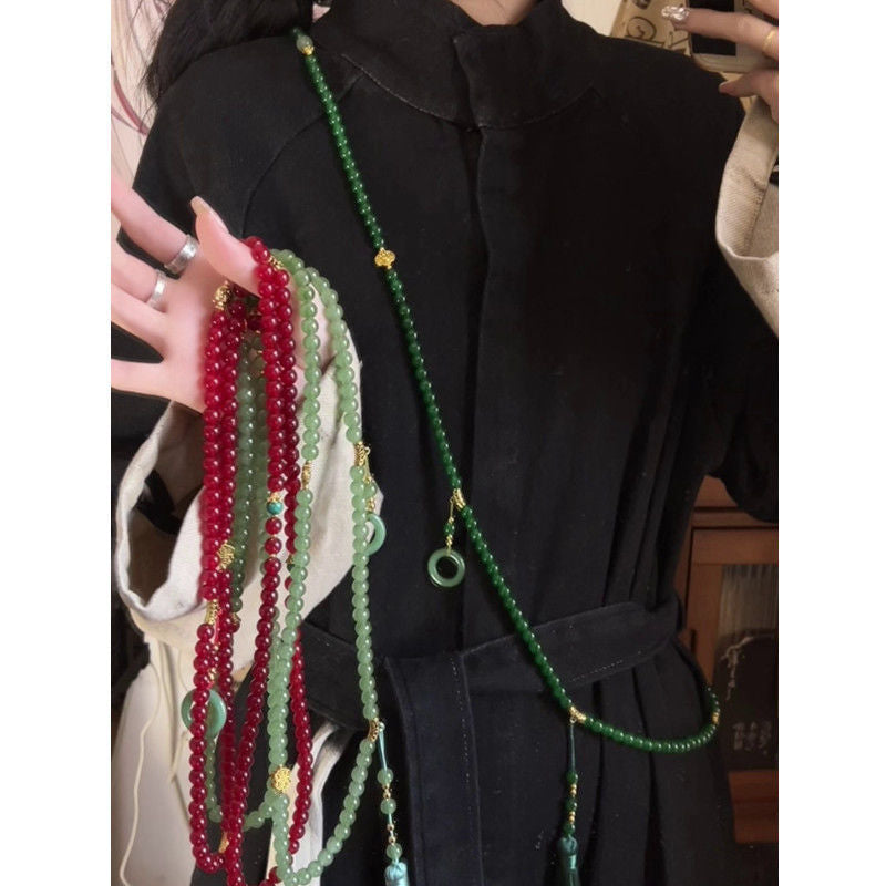 108 Cinnabar Beaded Long Crossbody Chain New Chinese Style National Style Necklace Antique Cheongsam Niche Woolen Chain
